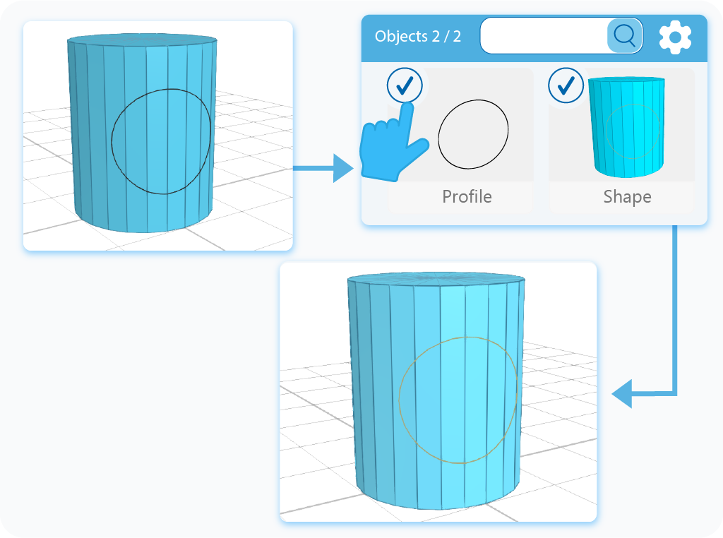 Selecting the object and the profile on which we will use the Cut with Profile